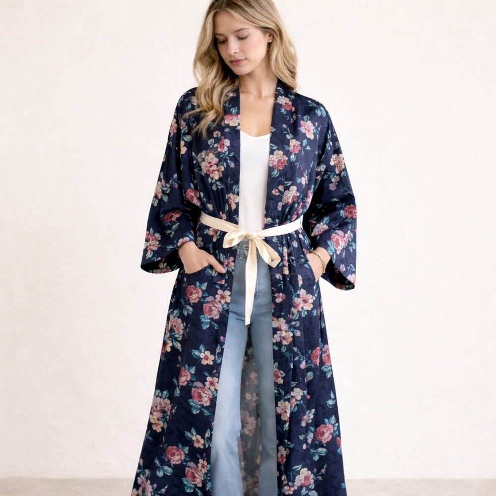 Vintage Erika Taylor Floral Satin Kimono Robe Duster Cottagecore Lounge Boho M